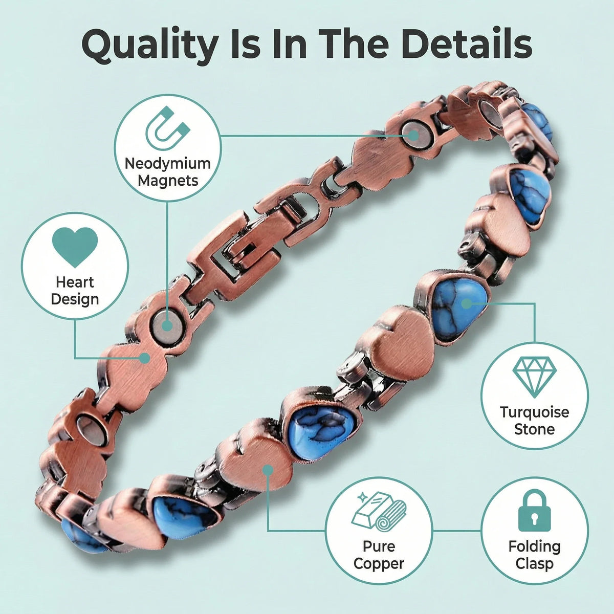 MagnetPure Turquoise Heart Copper Magnetic Bracelet for Women