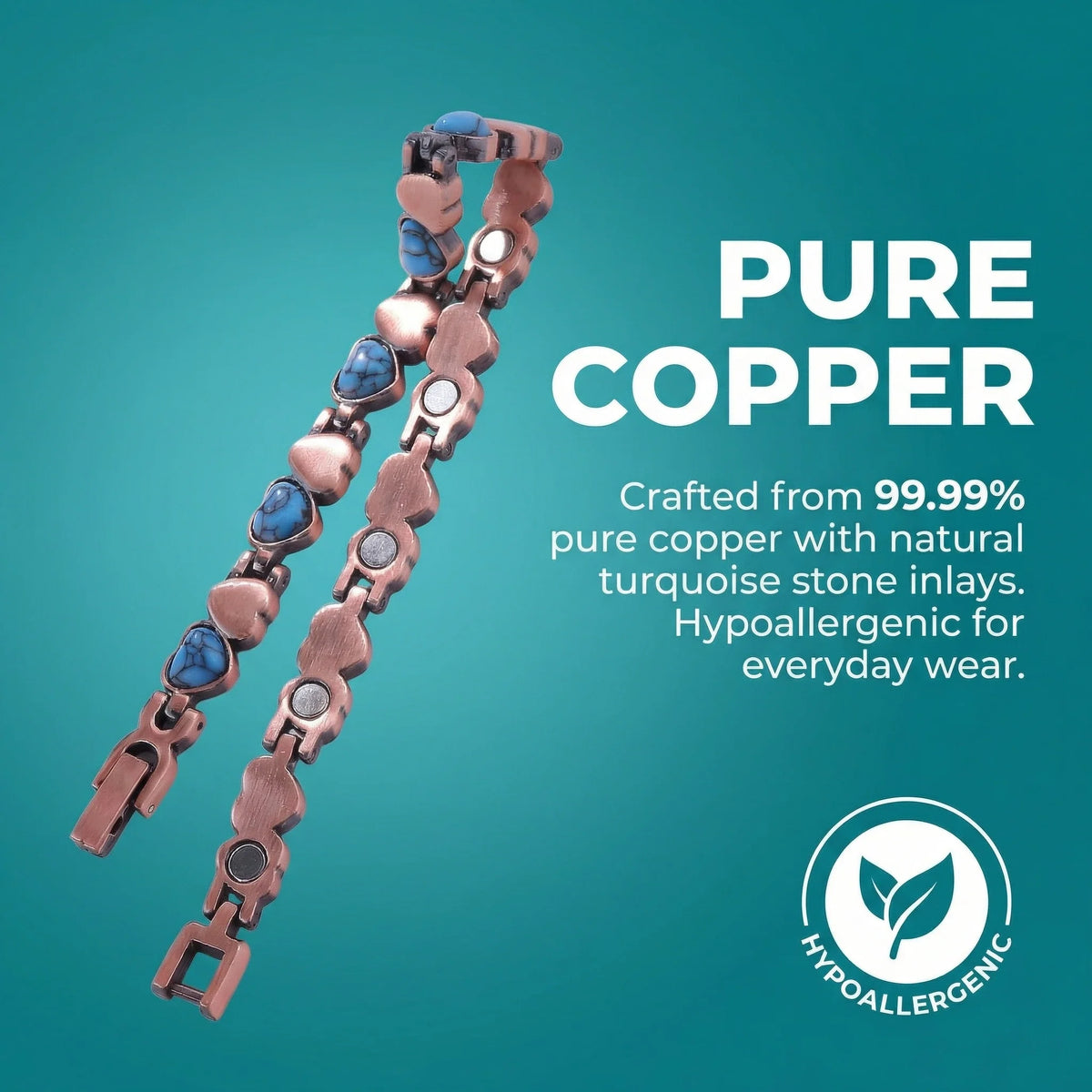 MagnetPure Turquoise Heart Copper Magnetic Bracelet for Women