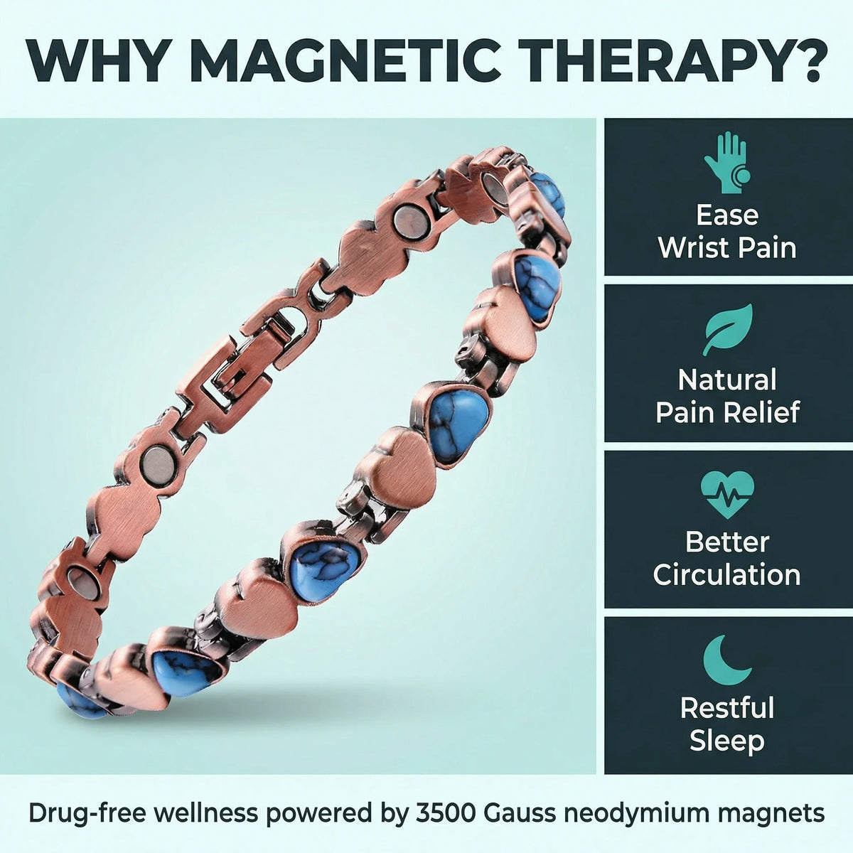 MagnetPure Turquoise Heart Copper Magnetic Bracelet for Women